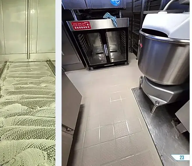 Gereinigte Schiffsbäckerei mit sauberem Boden und Edelstahl-Küchentechnik nach der Reinigung